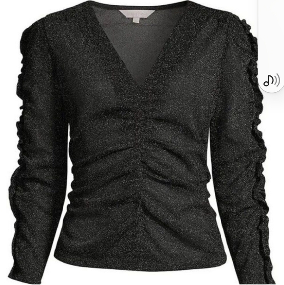 Rebecca Taylor Lurex Jersey Ruched V-neck Top Black Metallic Glitter size Small - Picture 4 of 14